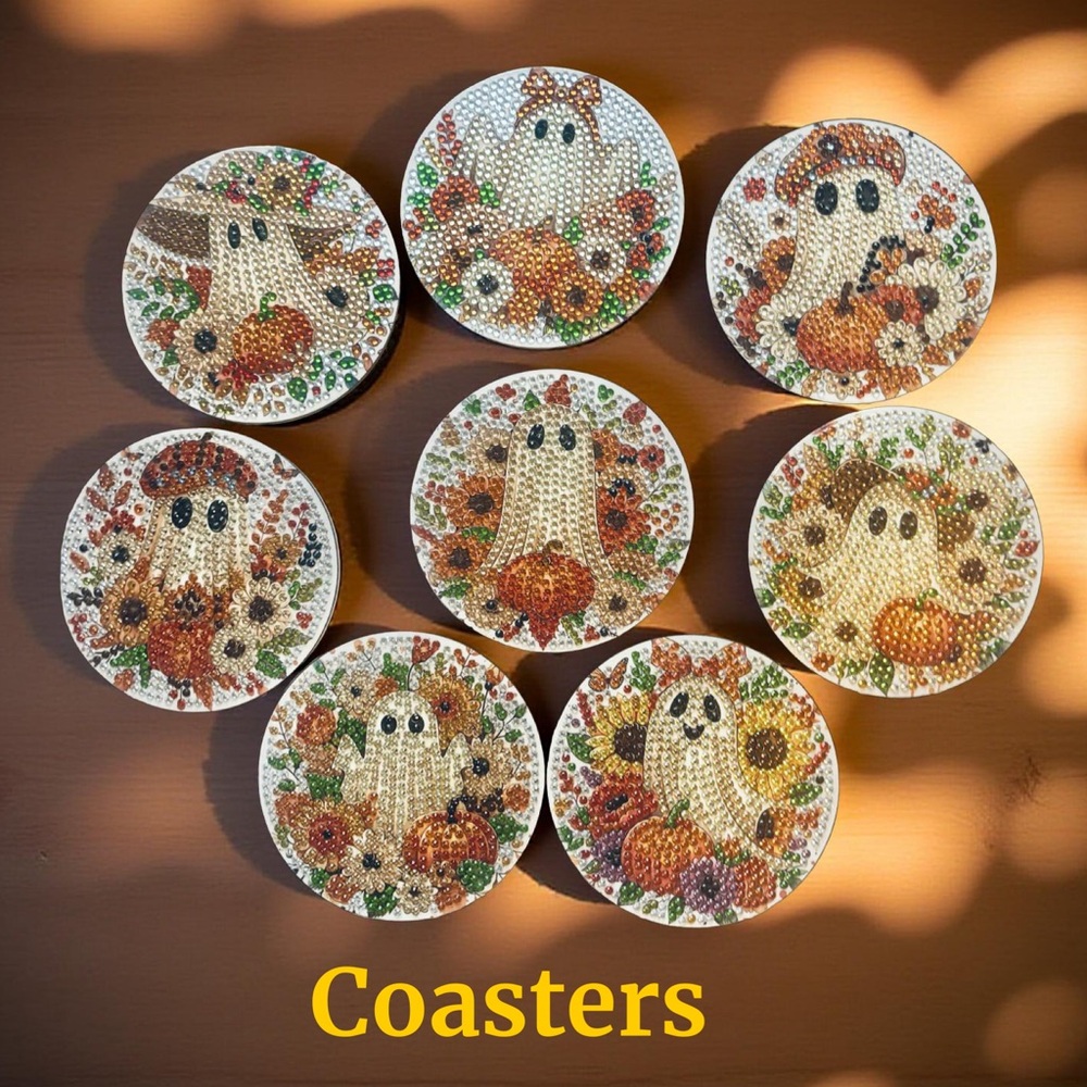 Hand Crafted Diamond Art Fall Halloween Ghost Coaster Set